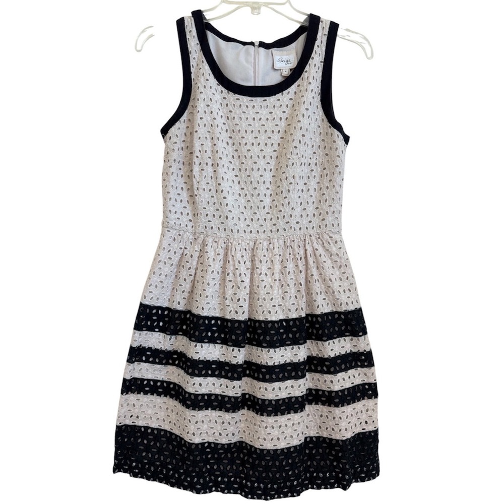 Beige by ECI Navy White Cotton Eyelet Lace Striped Fit Flare Dress 4 517914